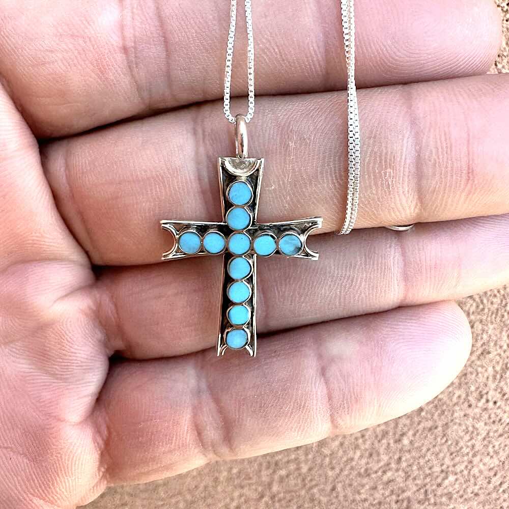 Vintage cross pendant and chain sterling silver turquoise snake eye  setting, Native American Indian jewelry, Zuni necklace, turquoise cross