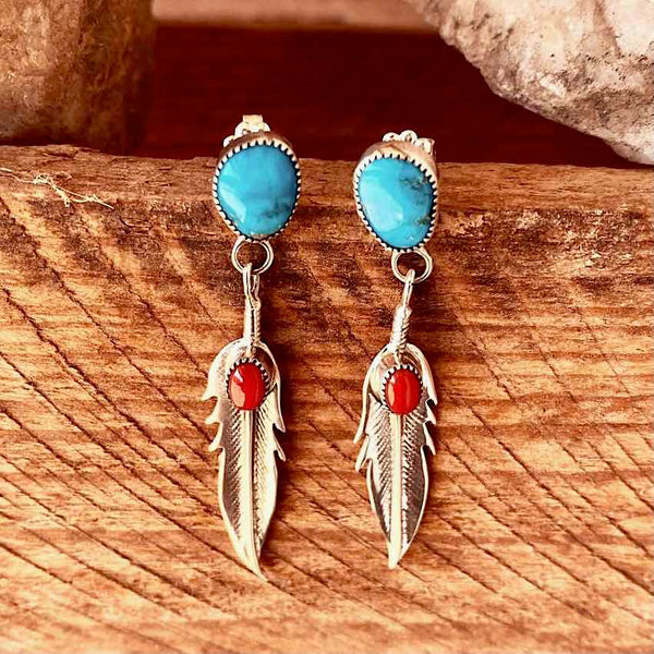 Sterling Silver Multi Gemstone Feather Dangle Earrings – American West  Jewelry