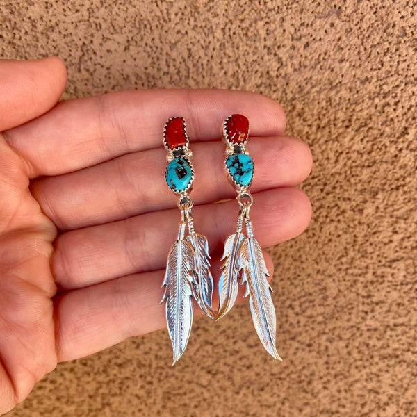 Feather Earrings Silver color Green Natural stone Western Southwestern  Tribal Earring